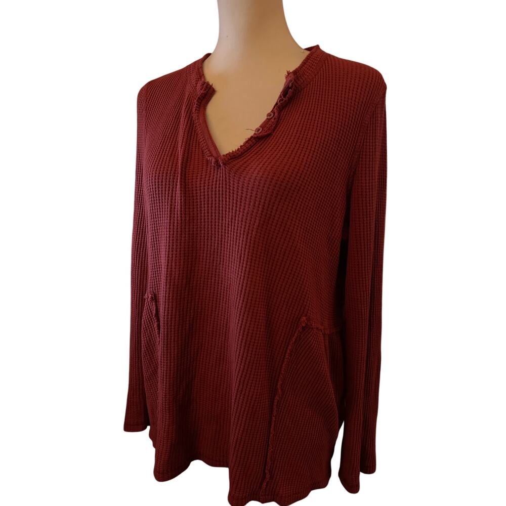 Sundance Waffle Knit Long Sleeve Henley With Distressed Details, Rust Red, Sz M
